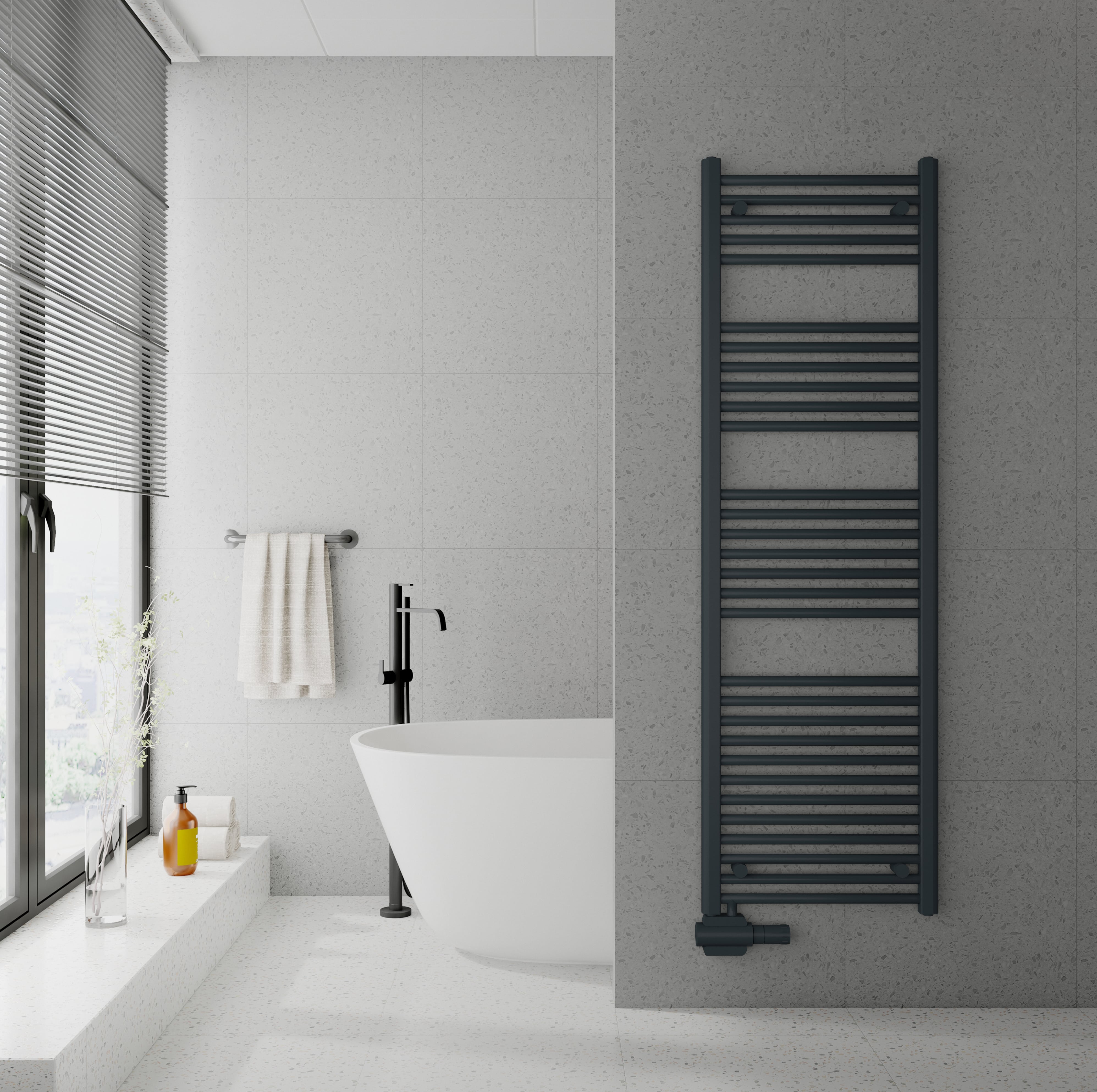 VERSETZTER MITTELANSCHLUSS, Badheizkörper mit Seitenanschluss unten links oder rechts Seitlicher Anschluss, VEGA,  anthrazit